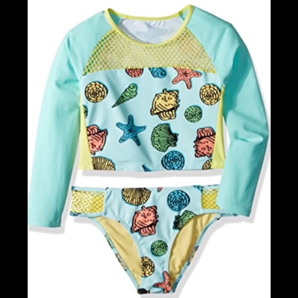 NWT Vigoss Size 5 All of the Shells Bright Yellow Aqua 2 pc Rash guard swim set.